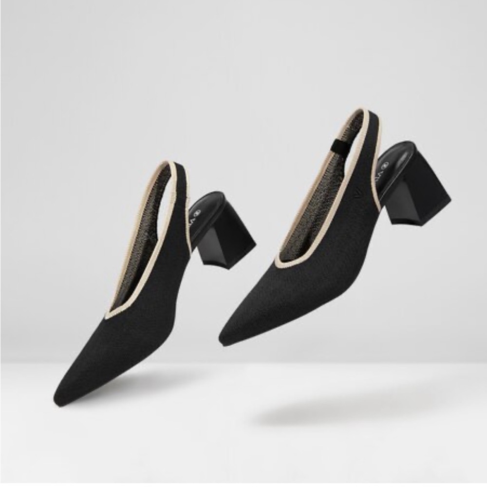Black Slingback Pointed Toe Block Heel Pumps